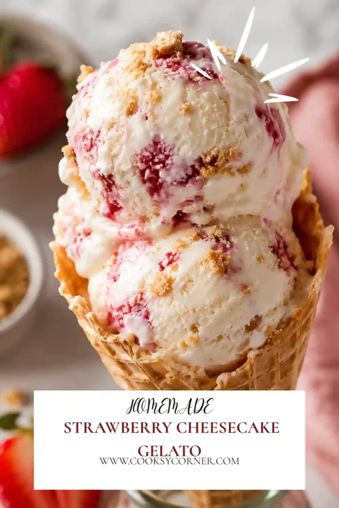 A bowl of strawberry cheesecake gelato featuring creamy swirls and crunchy graham cracker topping. The homemade frozen dessert is rich, smooth, and visually appealing.