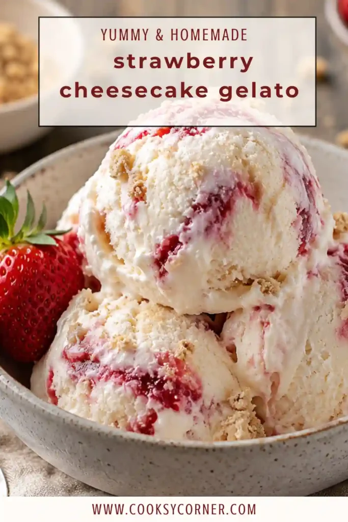 Homemade strawberry cheesecake gelato in a serving dish garnished with strawberry sauce and crushed graham crackers. The frozen dessert looks smooth, rich, and perfectly scoopable.
