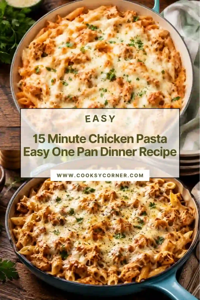 Homemade 15 Minute Chicken Pasta featuring penne pasta, savory marinara sauce, tender chicken, and bubbling mozzarella cheese.
