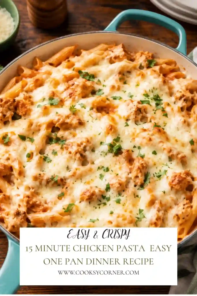 Easy chicken pasta made with juicy chicken strips, tomato sauce, bell peppers, onions, and melted cheese served in a white bowl.