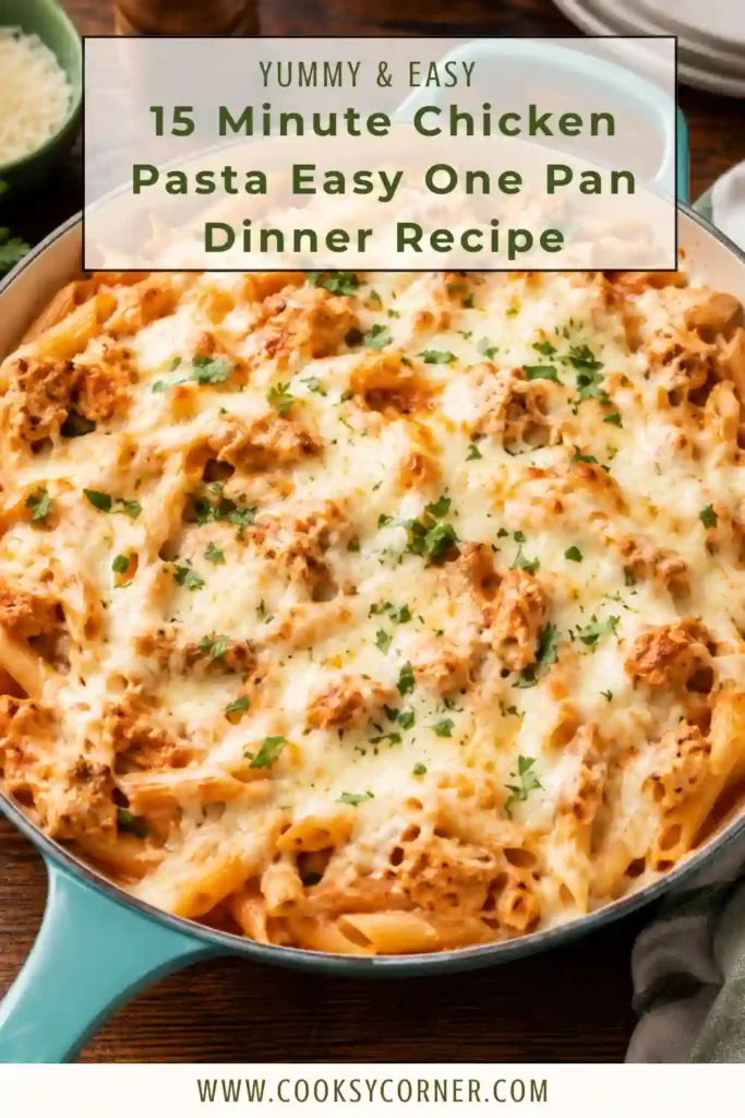 A bowl of 15 Minute Chicken Pasta with tender chicken, marinara sauce, melted mozzarella, and Parmesan cheese garnished with fresh parsley.