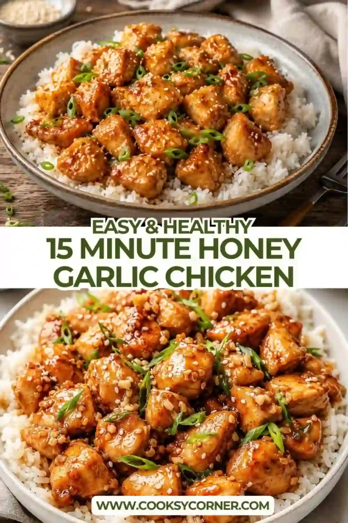 Close-up of juicy Honey Garlic Chicken cooked in a skillet with a rich honey soy garlic glaze. This easy chicken dinner is ready in just 15 minutes.