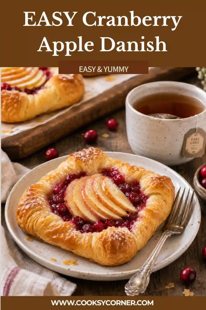 3. A close-up of Cranberry Apple Danish featuring crisp puff pastry layered with fresh apples and cranberry sauce. A simple homemade pastry with beautiful golden color.