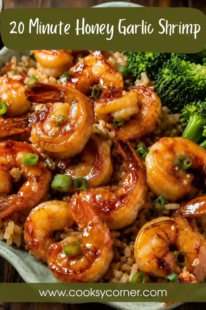 Fresh ingredients for 20 Minute Honey Garlic Shrimp arranged on a white marble countertop, including raw shrimp, honey, soy sauce, garlic, ginger, olive oil, and green onions.