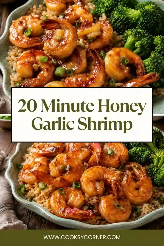 Overhead view of shrimp, honey, soy sauce, garlic, fresh ginger, olive oil, and chopped green onions prepared for a quick honey garlic shrimp recipe.