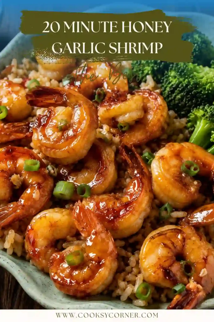 Ingredients for Honey Garlic Shrimp displayed in small bowls with raw peeled shrimp, honey, soy sauce, garlic, ginger, and olive oil on a bright kitchen surface.