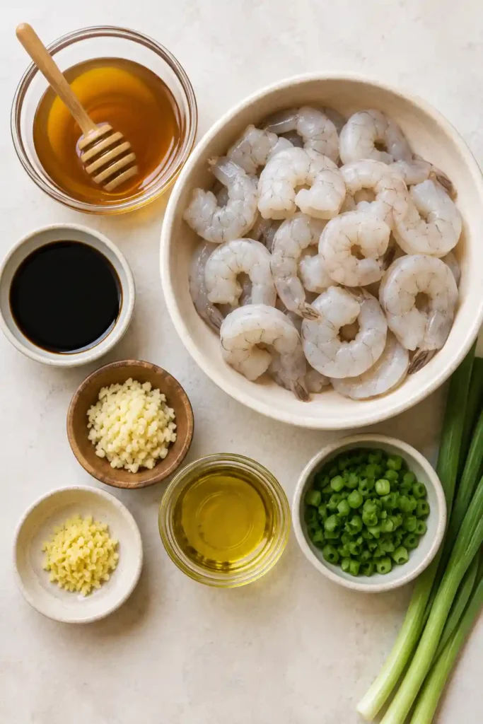 Flat-lay of simple ingredients used to make 20 Minute Honey Garlic Shrimp, featuring fresh shrimp and pantry staples under natural lighting.