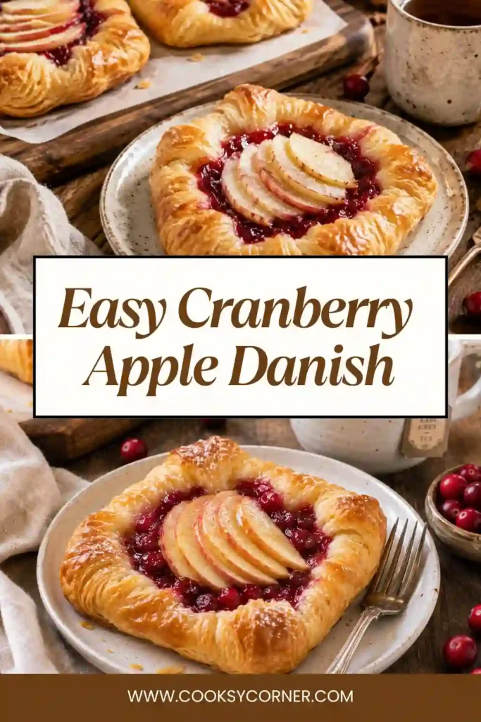 1. Freshly baked Cranberry Apple Danish made with flaky puff pastry, cranberry sauce, and thin apple slices. The golden pastry is crisp, buttery, and perfect for breakfast or brunch.