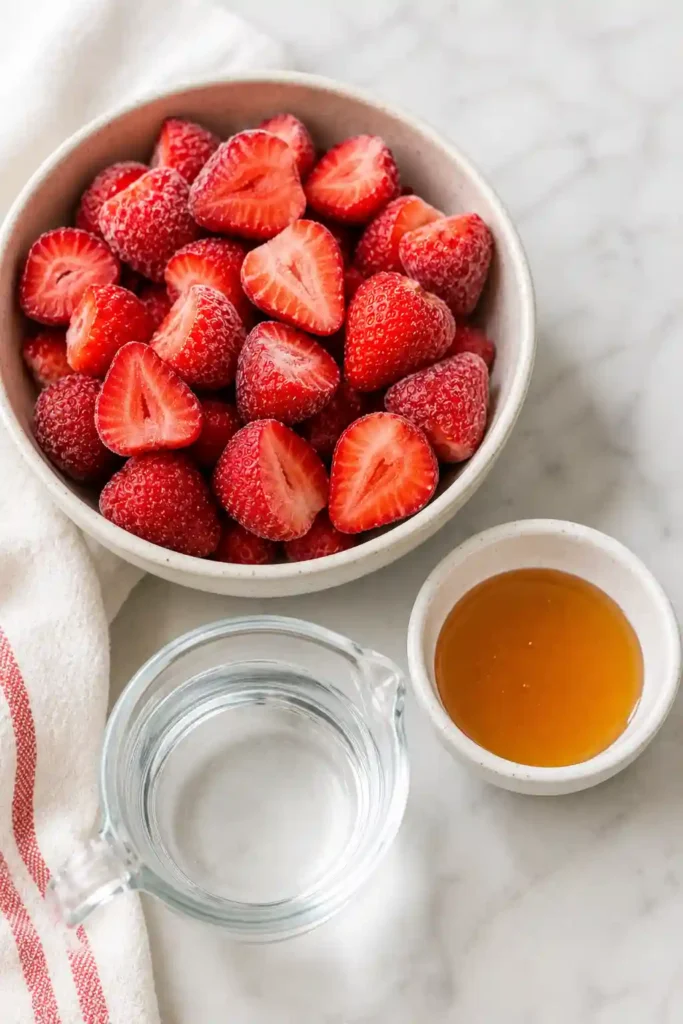 Homemade strawberry sorbet prepared with only three ingredients and served with fresh berries. A healthy frozen treat that's naturally gluten-free and dairy-free.