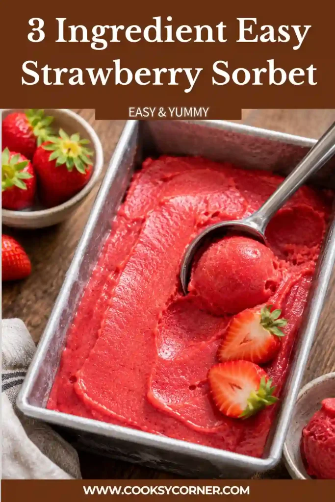 A bowl of 3-Ingredient Easy Strawberry Sorbet made with frozen strawberries, honey, and water. This vibrant homemade sorbet is smooth, refreshing, and naturally dairy-free.