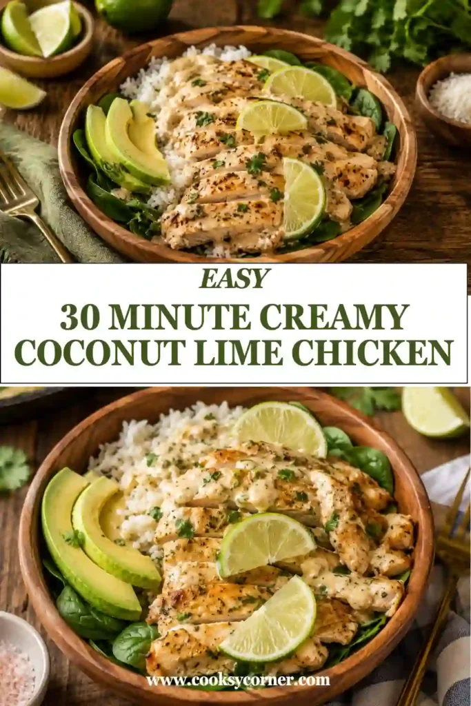 One-pan Coconut Lime Chicken featuring tender chicken in a creamy coconut sauce garnished with lime wedges and herbs.
