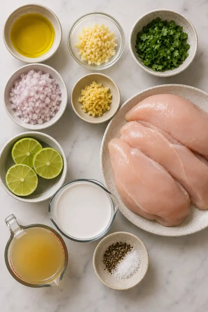 Healthy Creamy Coconut Lime Chicken served over rice with fresh cilantro and a silky coconut garlic sauce.