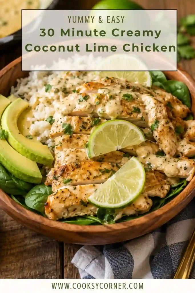 Creamy Coconut Lime Chicken served in a skillet with fresh cilantro, lime slices, and a rich coconut sauce.