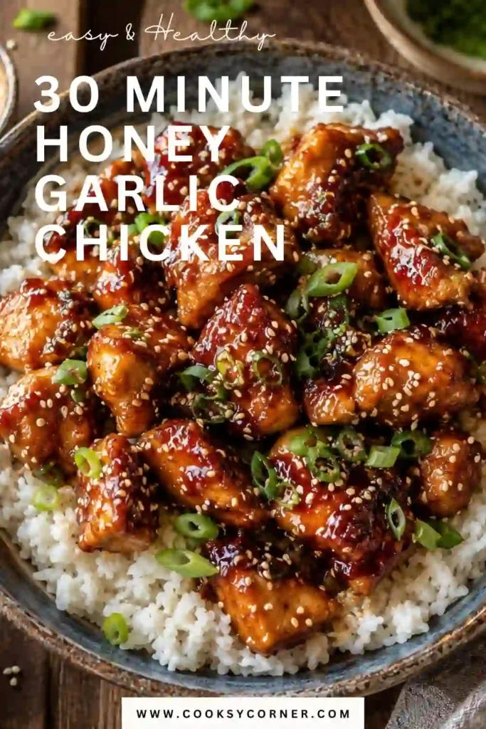 Close-up of baked honey garlic chicken topped with sesame seeds and chopped green onions beside roasted broccoli. The glossy sauce creates an irresistible finish.
