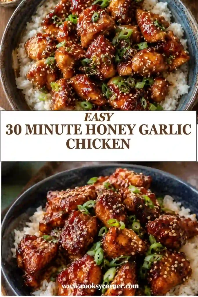 Juicy honey garlic chicken served over steamed rice with roasted broccoli and sesame seeds. Every bite is packed with sweet, savory, and slightly spicy flavor.