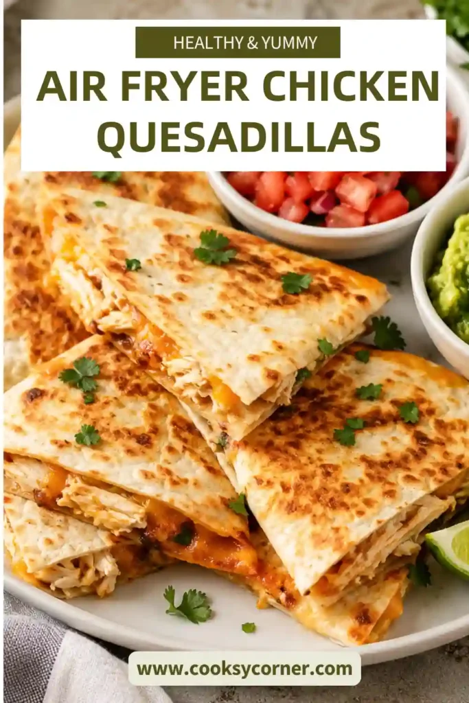 Freshly cooked Air Fryer Chicken Quesadillas with melted cheese stretching from every slice. Garnished with salsa, lime wedges, and fresh cilantro for extra flavor.