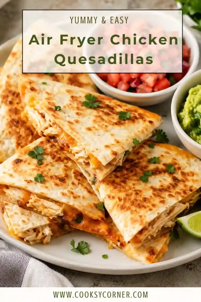 Crispy Air Fryer Chicken Quesadillas cooked until perfectly golden with gooey cheese and seasoned chicken inside. An easy air fryer dinner that's ready in under 20 minutes.