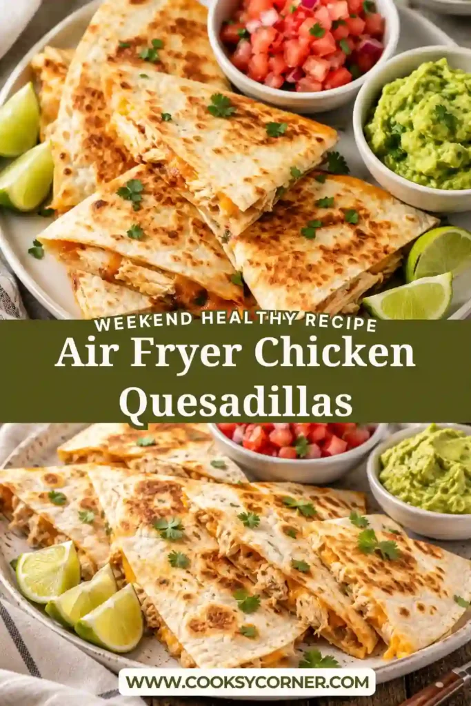 Golden Air Fryer Chicken Quesadillas sliced into quarters and filled with juicy shredded chicken and melted Mexican cheese. Served with fresh guacamole and pico de gallo for a quick family dinner.