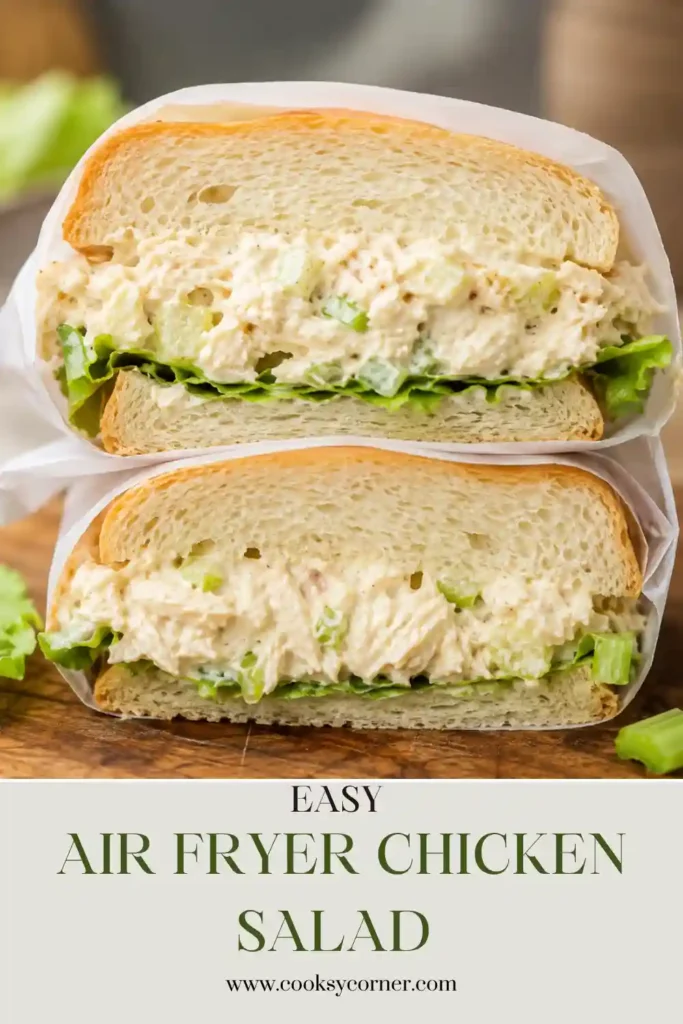 Homemade Air Fryer Chicken Salad served in a rustic bowl with toasted bread and crisp celery. This creamy chicken salad is perfect for sandwiches and meal prep.