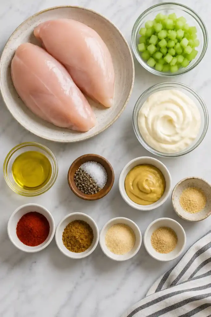 Creamy homemade chicken salad made with seasoned air fryer chicken, celery, mayonnaise, and Dijon mustard. An easy, flavorful recipe for sandwiches, wraps, or salads.