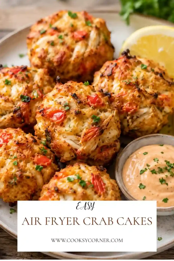 Crispy air fryer crab cakes served with lemon wedges and spicy dipping sauce on a white serving platter. The golden crust highlights their perfectly cooked texture.