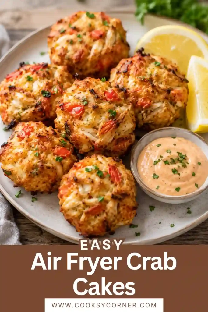 Golden brown crab cakes arranged on a serving plate with fresh parsley, lemon slices, and seafood dipping sauce.