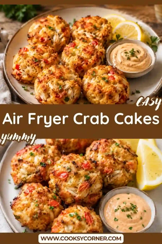 Homemade air fryer crab cakes made with lump crab meat, panko breadcrumbs, and fresh herbs, served alongside creamy dipping sauce.