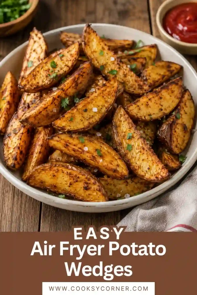 Golden-brown Air Fryer Potato Wedges arranged in a serving basket with ketchup and garlic aioli. The crispy edges and soft centers make them the perfect snack or side.