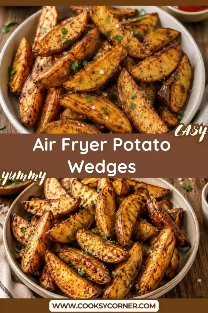Crispy Air Fryer Potato Wedges served on a white plate with fresh parsley and dipping sauce. The golden wedges have a crunchy exterior and fluffy potato interior.