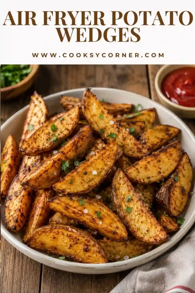Homemade Air Fryer Potato Wedges seasoned with paprika, parsley, and chili powder. These crispy potato wedges are cooked with minimal oil for a healthier side dish.
