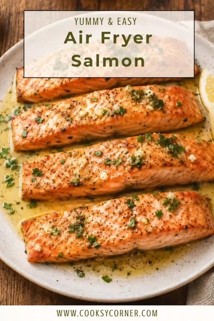 Golden Air Fryer Salmon fillets drizzled with buttery garlic lemon sauce on a serving plate. An easy and healthy seafood dinner ready in 15 minutes.