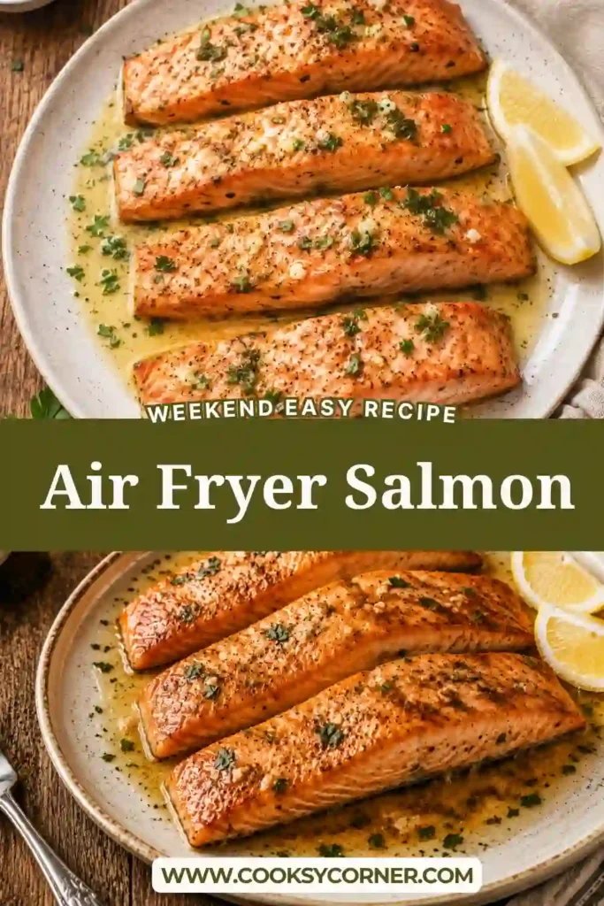 Perfectly cooked Air Fryer Salmon topped with garlic lemon butter sauce and served with fresh lemon slices. The salmon is flaky, juicy, and lightly crisp on the edges.