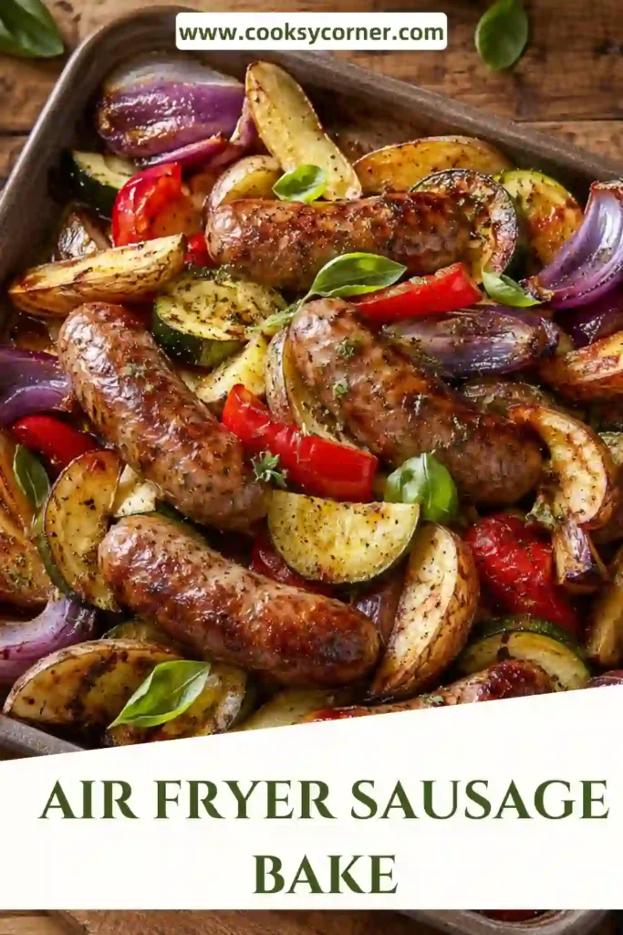 One-pan air fryer dinner made with roasted vegetables, crispy potatoes, and browned halal sausages served in a rustic baking dish.