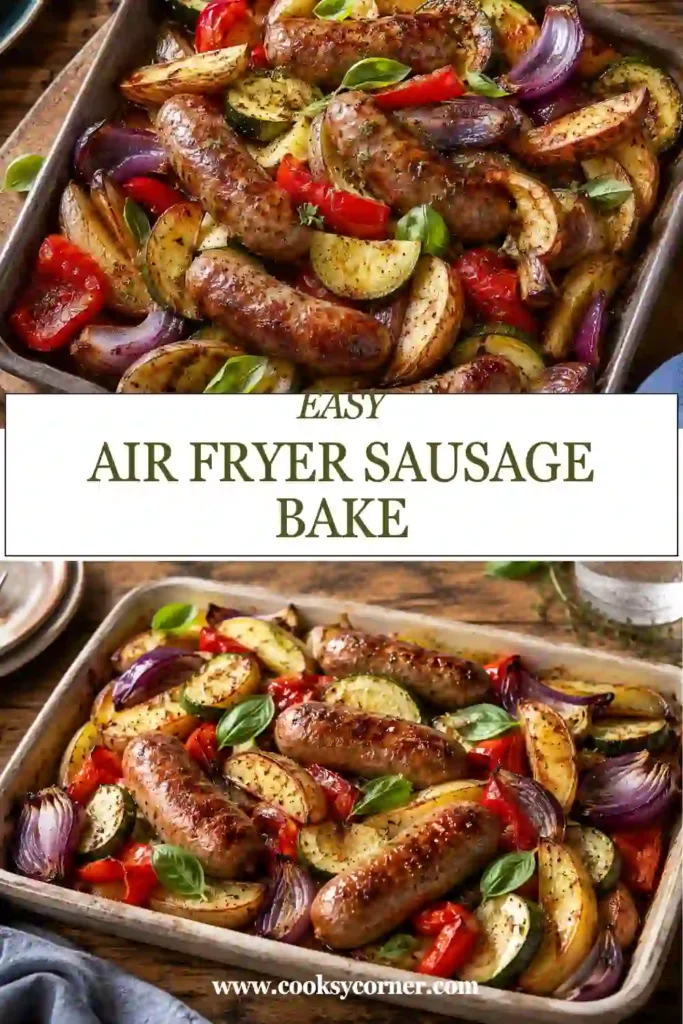 Homemade air fryer sausage bake with golden potatoes, colorful roasted vegetables, and juicy halal chicken sausages in a light tomato sauce.