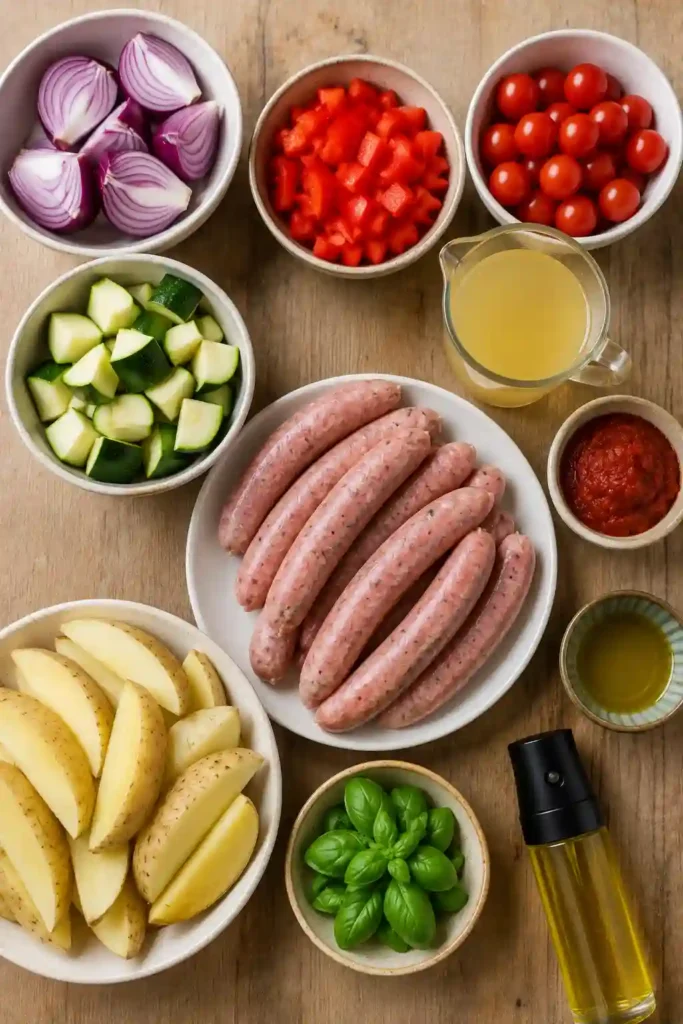 Air fryer sausage bake featuring roasted peppers, onions, zucchini, cherry tomatoes, and crispy potato wedges alongside juicy halal sausages.