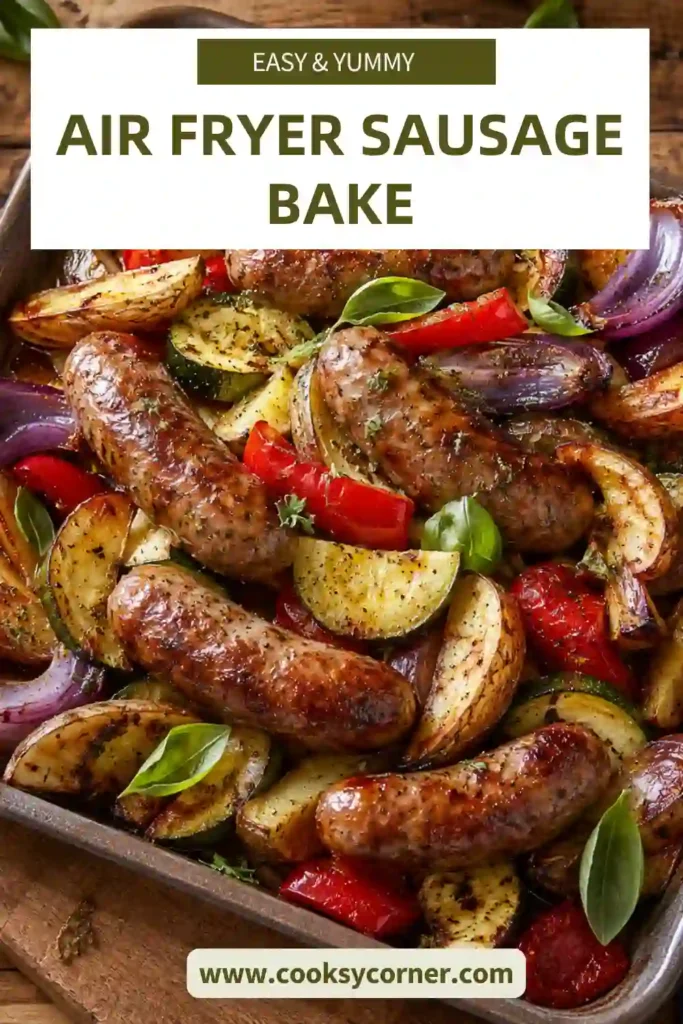 A serving dish filled with air fryer sausage bake featuring halal beef sausages, crispy potato wedges, roasted cherry tomatoes, zucchini, onions, and peppers garnished with fresh basil.