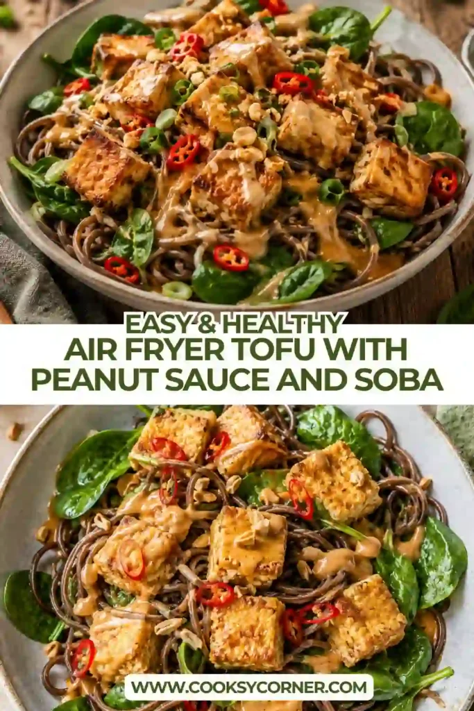3. Close-up of crispy tofu tossed with creamy peanut sauce on tender soba noodles. Fresh spinach adds vibrant color to this healthy weeknight meal.