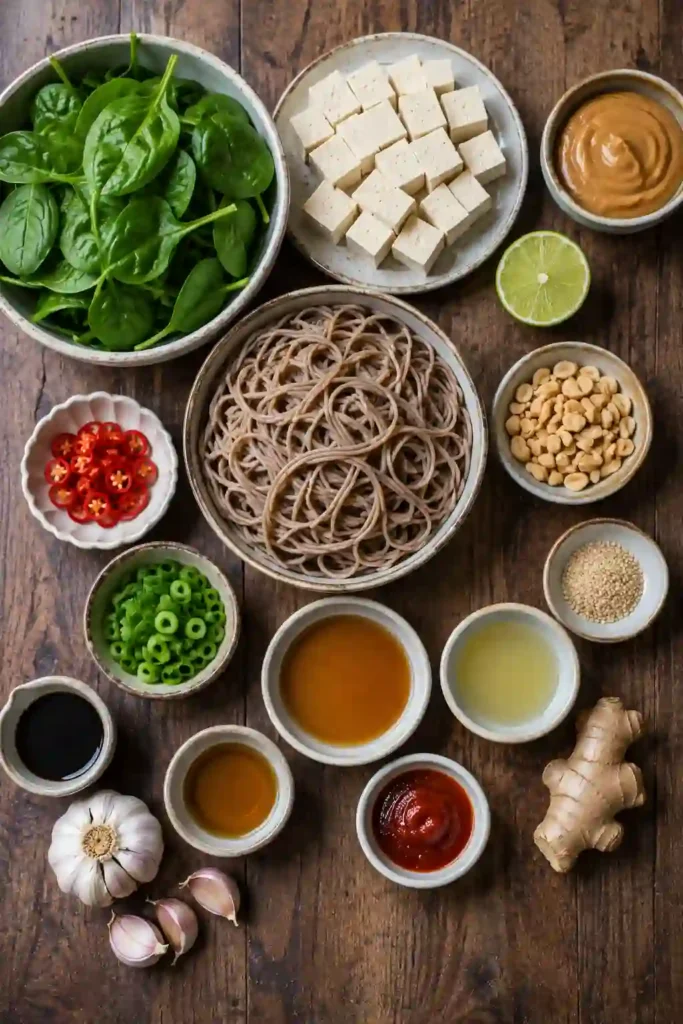 1. A bowl of Air Fryer Tofu with Peanut Sauce and Soba featuring crispy golden tofu, soba noodles, and fresh spinach coated in creamy peanut sauce. This healthy tofu recipe looks colorful and satisfying.