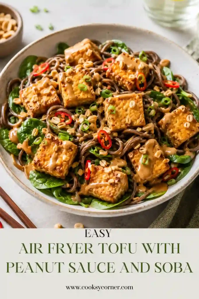 4. Homemade Air Fryer Tofu with Peanut Sauce and Soba served in a modern bowl with a rich peanut drizzle. Perfect for a wholesome plant-based dinner.
