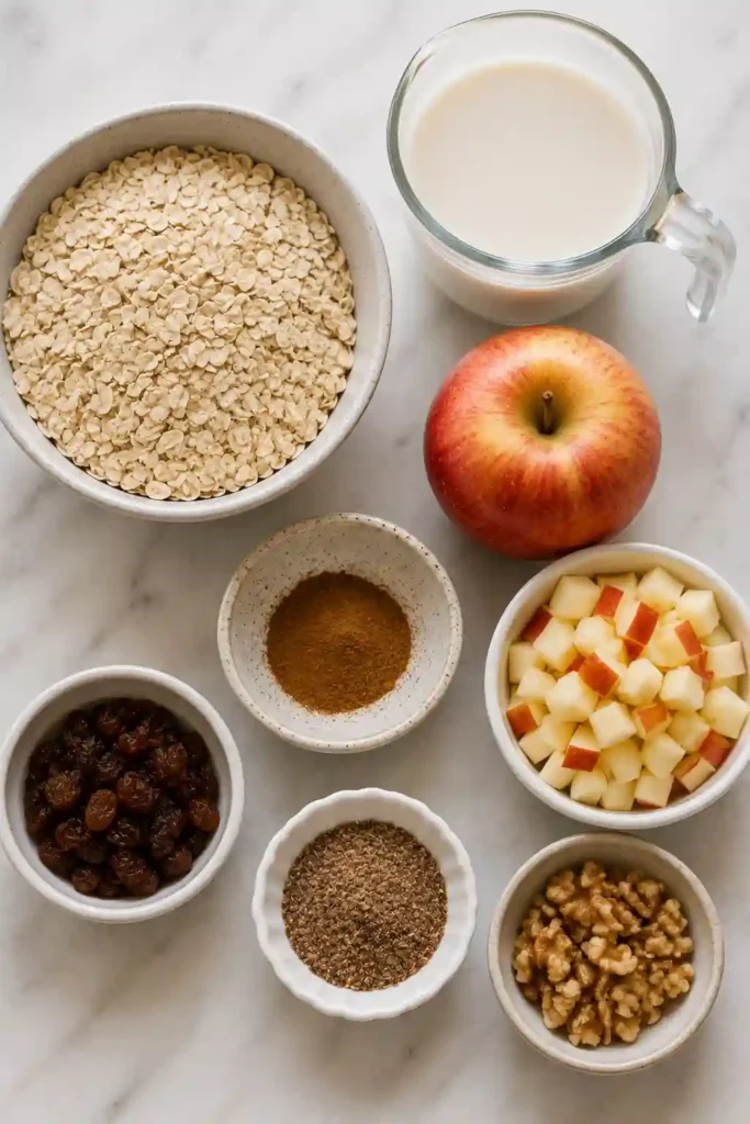 A delicious serving of apple overnight oats garnished with chopped walnuts, diced apples, and cinnamon. This vegan breakfast is creamy, hearty, and perfect for busy mornings.