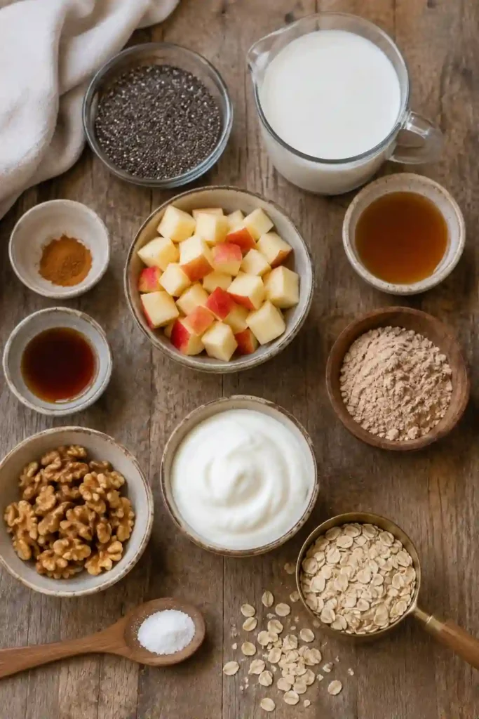 A delicious protein chia pudding bowl featuring creamy yogurt, cinnamon-spiced apples, chia seeds, and walnuts. An easy overnight breakfast that's both filling and nutritious.