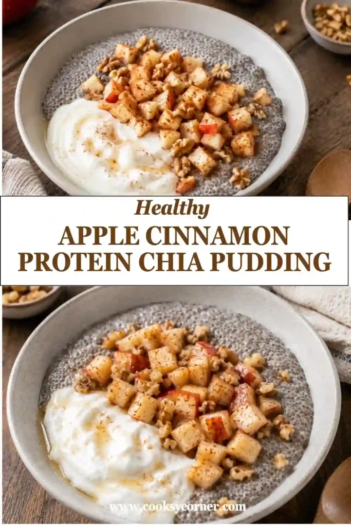 Creamy overnight Apple Cinnamon Protein Chia Pudding served with Greek yogurt, diced apples, cinnamon, and walnuts. A nutritious high protein breakfast recipe for busy mornings.