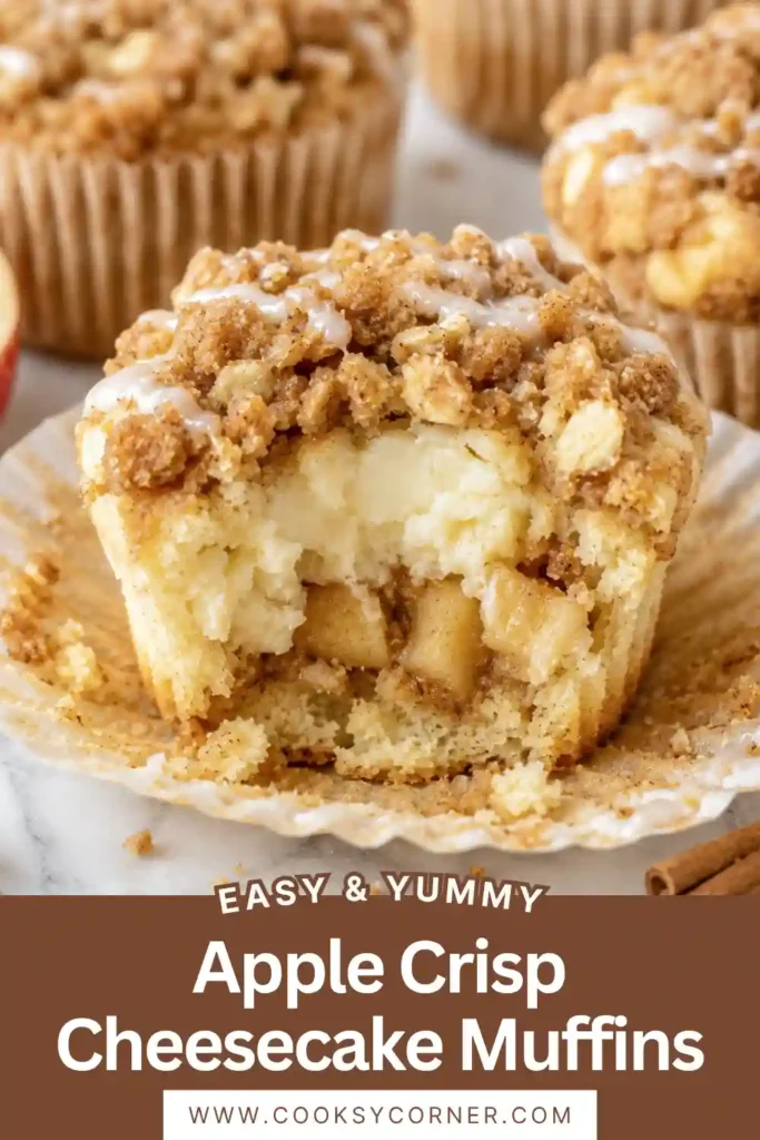 Homemade Apple Crisp Cheesecake Muffins cooling on a wire rack with visible cheesecake filling, cinnamon apples, and crisp oat topping. Perfect for breakfast or dessert.