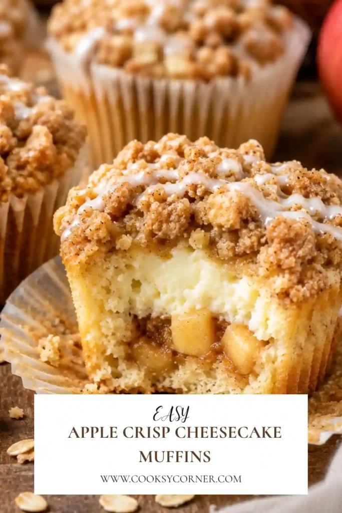 Freshly baked Apple Crisp Cheesecake Muffins topped with buttery oat streusel and sweet vanilla icing. The muffins reveal a creamy cheesecake center and tender cinnamon apples.