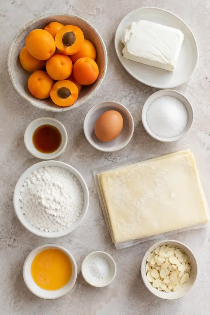 Bakery-style Apricot Cream Cheese Puff Pastry served warm on a plate with fresh apricots. The pastry is crisp, buttery, and filled with creamy vanilla cheese.