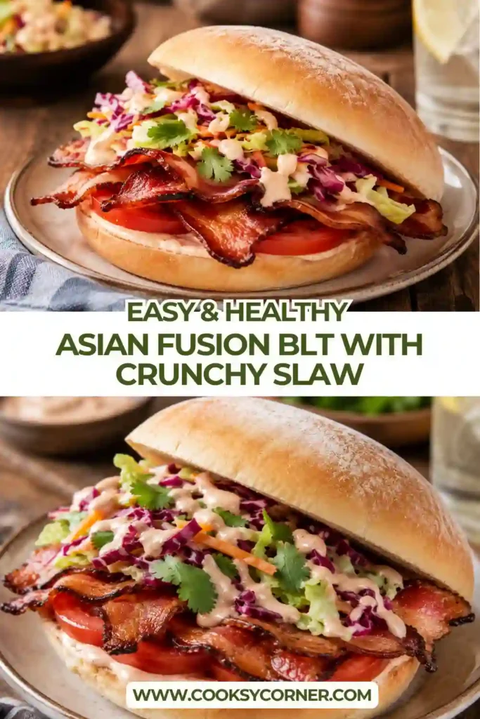 Close-up of an Asian BLT sandwich layered with turkey bacon, fresh tomatoes, crunchy cabbage slaw, cilantro, and Yum Yum sauce on an Artesano bun. Every ingredient looks vibrant and flavorful.