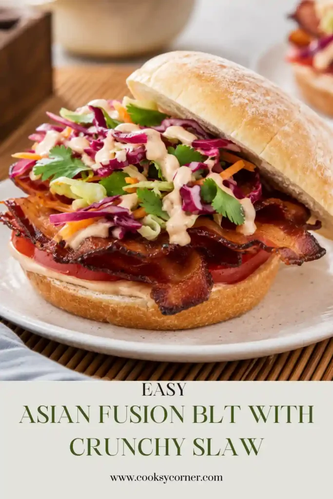A freshly made Asian Fusion BLT Recipe served on a soft bun with crispy turkey bacon, juicy tomatoes, creamy Yum Yum sauce, and crunchy Asian slaw. The sandwich is colorful, fresh, and perfect for lunch.