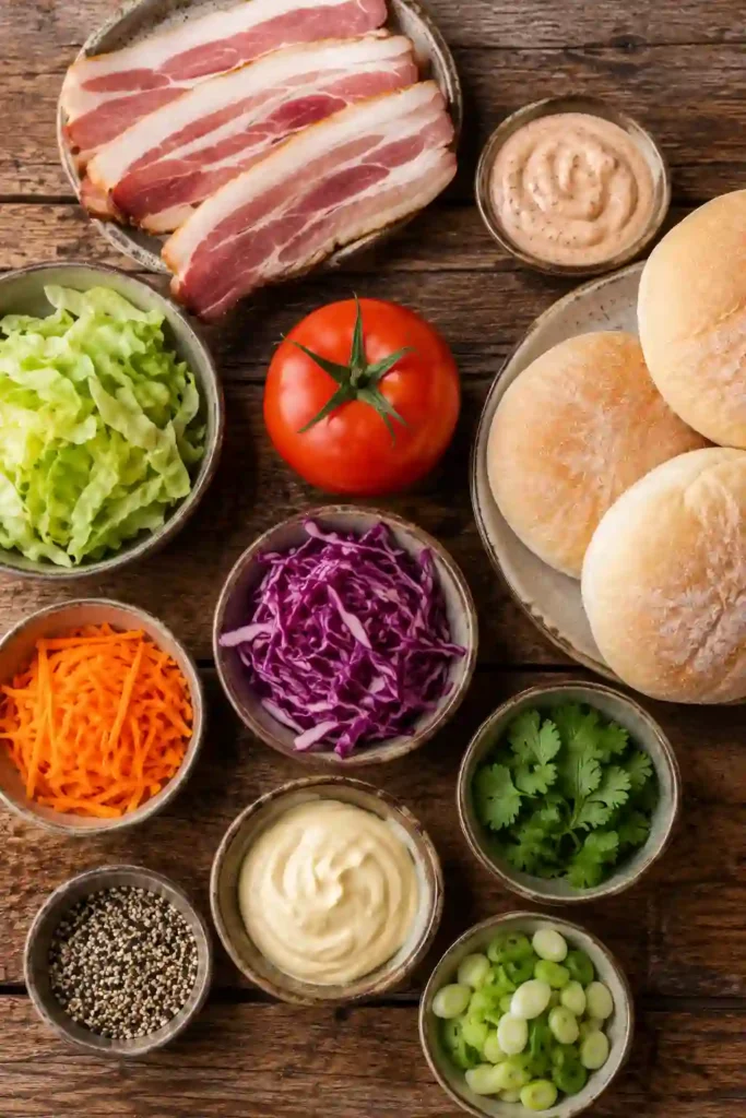 A homemade Asian Fusion BLT Recipe filled with crunchy slaw, crispy turkey bacon, tomatoes, and rich Yum Yum sauce. A delicious fusion sandwich served fresh on a wooden board.
