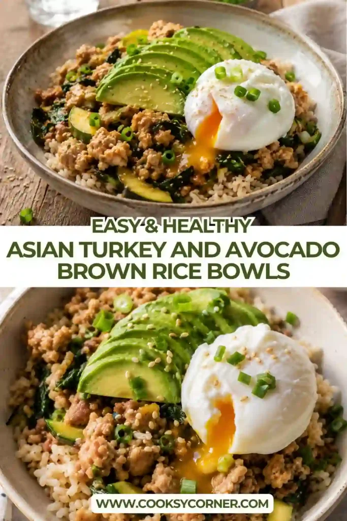 A vibrant bowl of Asian Turkey and Avocado Brown Rice Bowls filled with seasoned ground turkey, fluffy brown rice, sliced avocado, zucchini, a poached egg, sesame seeds, and fresh green onions. This healthy meal is colorful, protein-rich, and perfect for lunch or dinner.