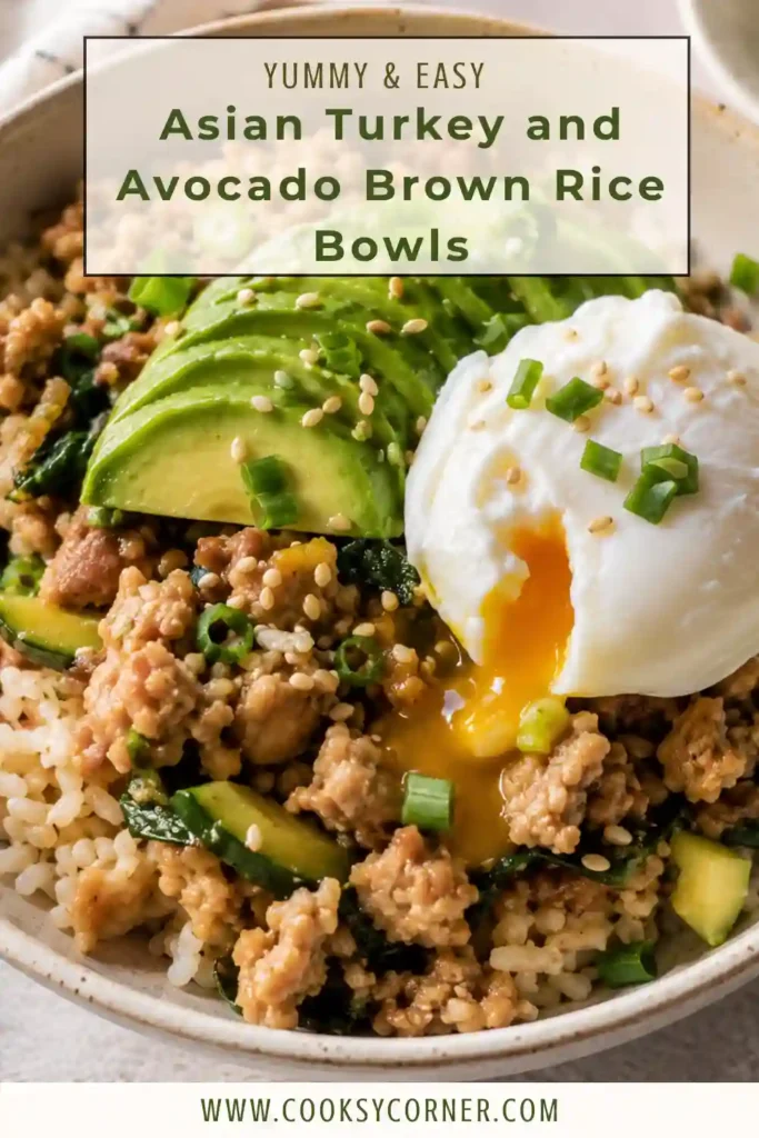 Healthy Asian turkey rice bowl featuring lean ground turkey cooked in a savory soy-ginger sauce, served over brown rice with creamy avocado, zucchini, and a perfectly poached egg.